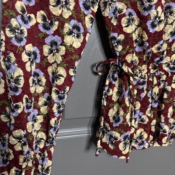 Madewell Drawstring Ruffle-Hem Top Viola Floral Pansy Print S - Picture 4 of 10